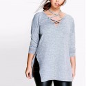 Blusa de Inverno Cinza Claro Feminino Moda Plus Size Manga Longa