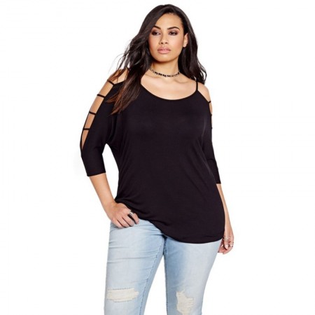 Blusa Feminina Vazada Preta Moa Plus Size Estilo Verão Manga 3/4