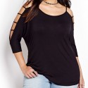 Blusa Feminina Vazada Preta Moa Plus Size Estilo Verão Manga 3/4