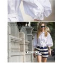 Women's Blouse Manga Lantern Style Vintage Blue and White 3/4 Sleeve