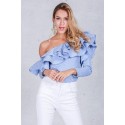 Blusa Ombro Assimetrico e Babado Estilo Boemio Listrada Azul Feminina