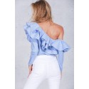 Asymmetric and Flared Shoulder Blouse Bohemian Style Blue Female Striped