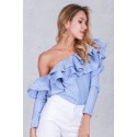 Asymmetric and Flared Shoulder Blouse Bohemian Style Blue Female Striped