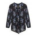 Blusa Preta Estampada Floral Feminina Moda Verão Decote V Manga Longa