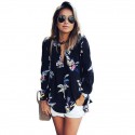 Blusa Preta Estampada Floral Feminina Moda Verão Decote V Manga Longa