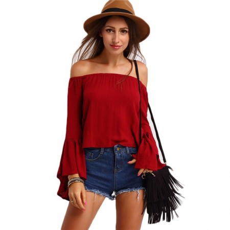 Fashion Red Blouse Beach Shoulder Dropped Style Bohemian Sleeve Flashlight