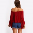 Fashion Red Blouse Beach Shoulder Dropped Style Bohemian Sleeve Flashlight