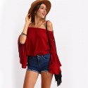 Fashion Red Blouse Beach Shoulder Dropped Style Bohemian Sleeve Flashlight