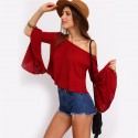 Fashion Red Blouse Beach Shoulder Dropped Style Bohemian Sleeve Flashlight