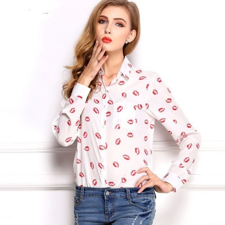 Women's Blouses Pretty White Printed Shirt Kisses Long Sleeve