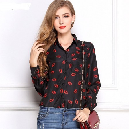 Women's Black Social Print Shirt Stamping Lipstick Kisses