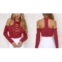 Bodysuit Feminino de Laços e arcos de aço Manga Longa Ombro Aberto