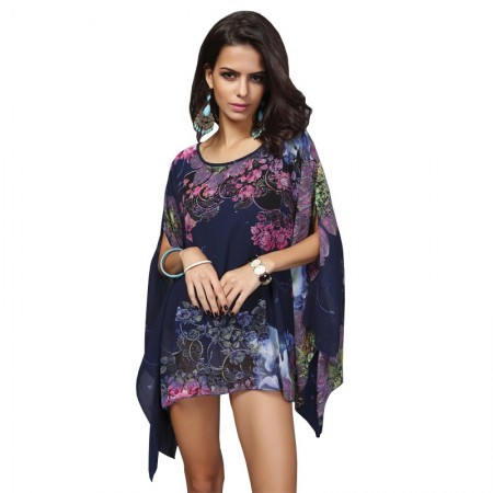 Túnica Kimono Chiffon Manga Morcego Peplum Blusa Feminina Floral