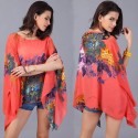 Kimono Tunic Chiffon Bat Sleeve Peplum Women's Floral Blouse