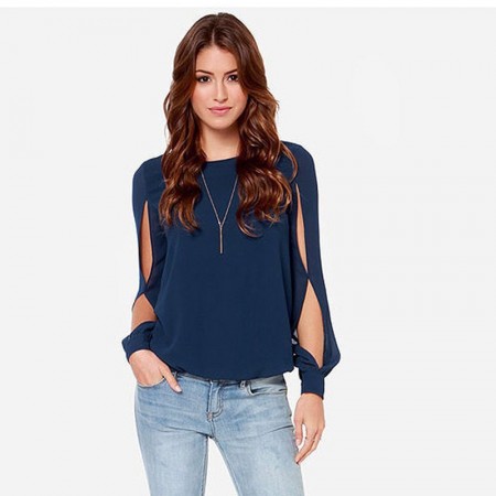 Women's Blouse Chiffon Navy Blue Mango Casual Summer