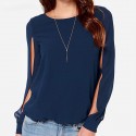 Blusa Feminina Chiffon Azul Marinho Manga Vazado Casual de Verão