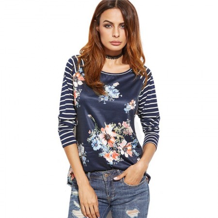 Camiseta Feminina Fashion Primavera Blusa Listrada Azul Escuro Floral