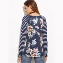 Camiseta Feminina Fashion Primavera Blusa Listrada Azul Escuro Floral