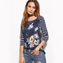 Camiseta Feminina Fashion Primavera Blusa Listrada Azul Escuro Floral