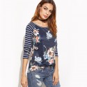 Camiseta Feminina Fashion Primavera Blusa Listrada Azul Escuro Floral