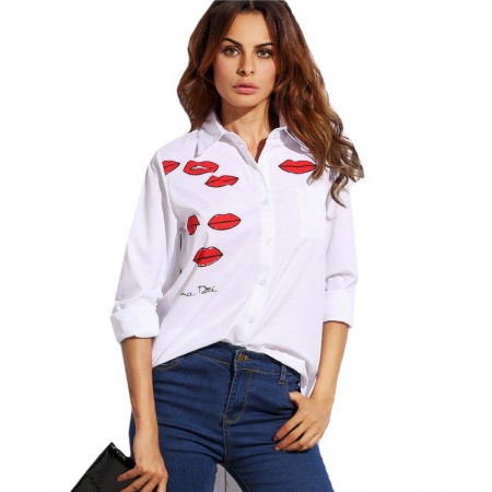 Camisa Branca Feminina Marca de Beijo Estampada Moda Jovem Adolescente