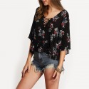 Blouses Viscose Floral Black Female Beach Fashion Bow Tie in Youth