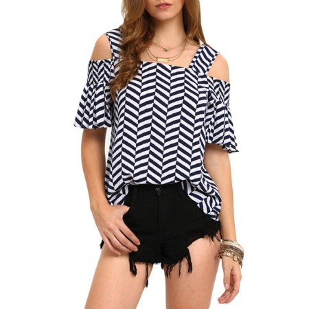 Blusa Feminina Listra Recorte Geometrico Inovado Ombro de Fora Praia