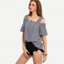 Blusa Feminina Listra Recorte Geometrico Inovado Ombro de Fora Praia