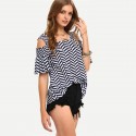 Blusa Feminina Listra Recorte Geometrico Inovado Ombro de Fora Praia