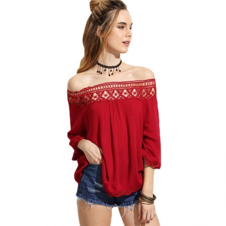 Women's Red Blouse Fallen Shoulder Fashion Beach Pleated POP Style