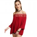 Women's Red Blouse Fallen Shoulder Fashion Beach Pleated POP Style