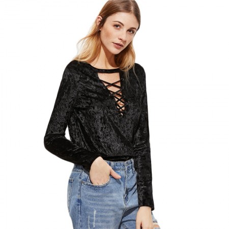 Blouse Long Sleeve Women's Textured Black Vintage Neckline