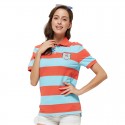 Camiseta Polo Feminina Listrada Laranja e Azul Esporte Fino Casual