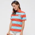 Camiseta Polo Feminina Listrada Laranja e Azul Esporte Fino Casual