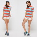 Women's Polo Shirt Orange and Blue Striped Sports Casual