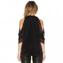 Blusa Feminina Preta com Babado Vazado no OmbroManga 3/4 Festa Clube