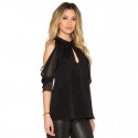 Blusa Feminina Preta com Babado Vazado no OmbroManga 3/4 Festa Clube