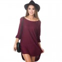 Vestido Feminino Vinho Assimetrico Manga Média Gola aberta Casual