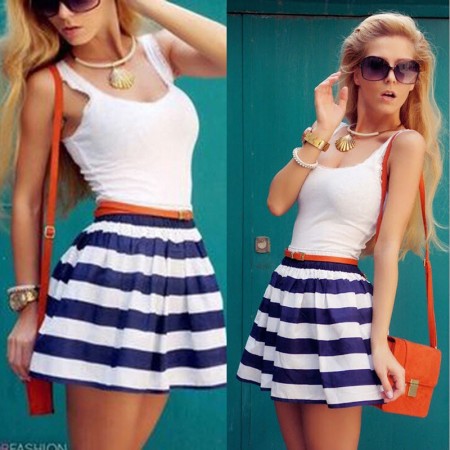 Summer Striped Short Dress White and Blue
