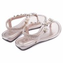 Sandalia Flat Feminina Com Perolas Rasteira Casual Preteada e Dourada