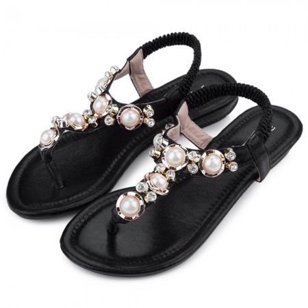 Women's Flat Sandal With Pearls Casual Black and Gold
