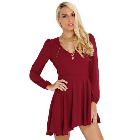 Vestido Vinho Plissado Casual Curto Manga Longa