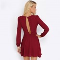 Pleated Dress Wine Casual Short Long Sleeve