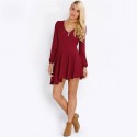 Pleated Dress Wine Casual Short Long Sleeve