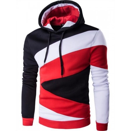 Moletom Masculino Listrado com Capuz e Cadarço Moda Inverno Vermelho