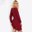 Pleated Dress Wine Casual Short Long Sleeve