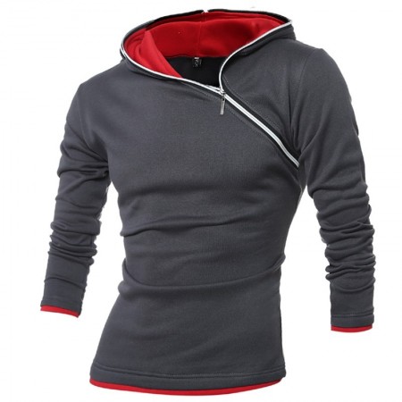 Men's Ziper Hooded Sweatshirt with Asymmetric Cotton Thick Fabric