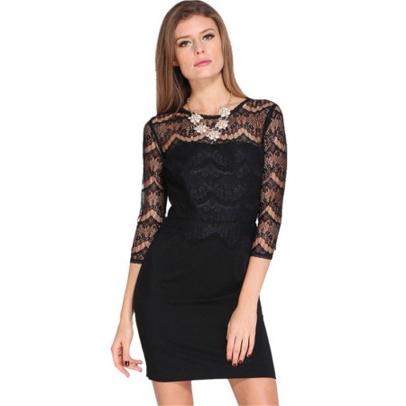 Vestido Elegante Preto de Renda Curto Casual Manga Longa