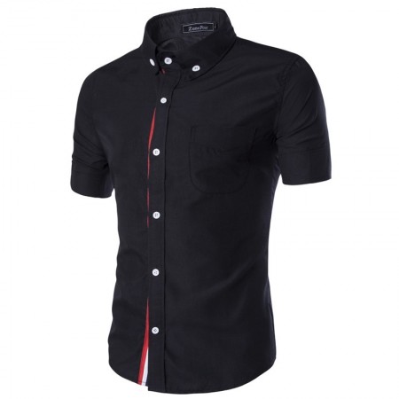 Black Social Shirt Red Line Short Sleeve Men's Casual Button