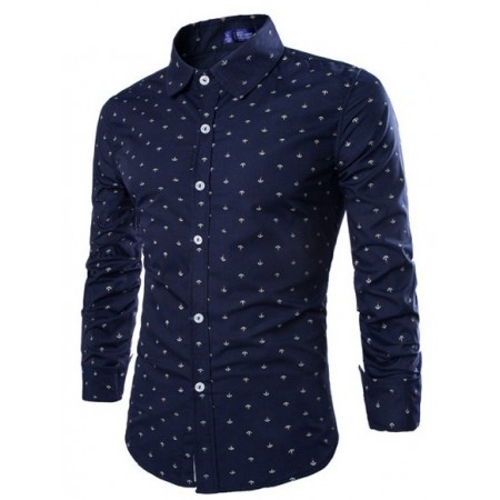 Social Shirt Dark Blue Polka Dot Button Long Sleeve